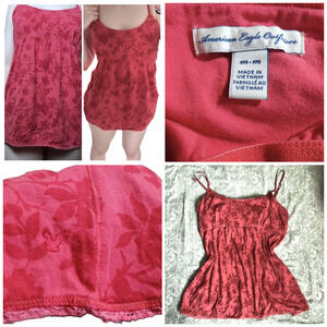 Y2k American Eagle Babydoll Tank Lace M Long Red pink floral strappy Shelf bra